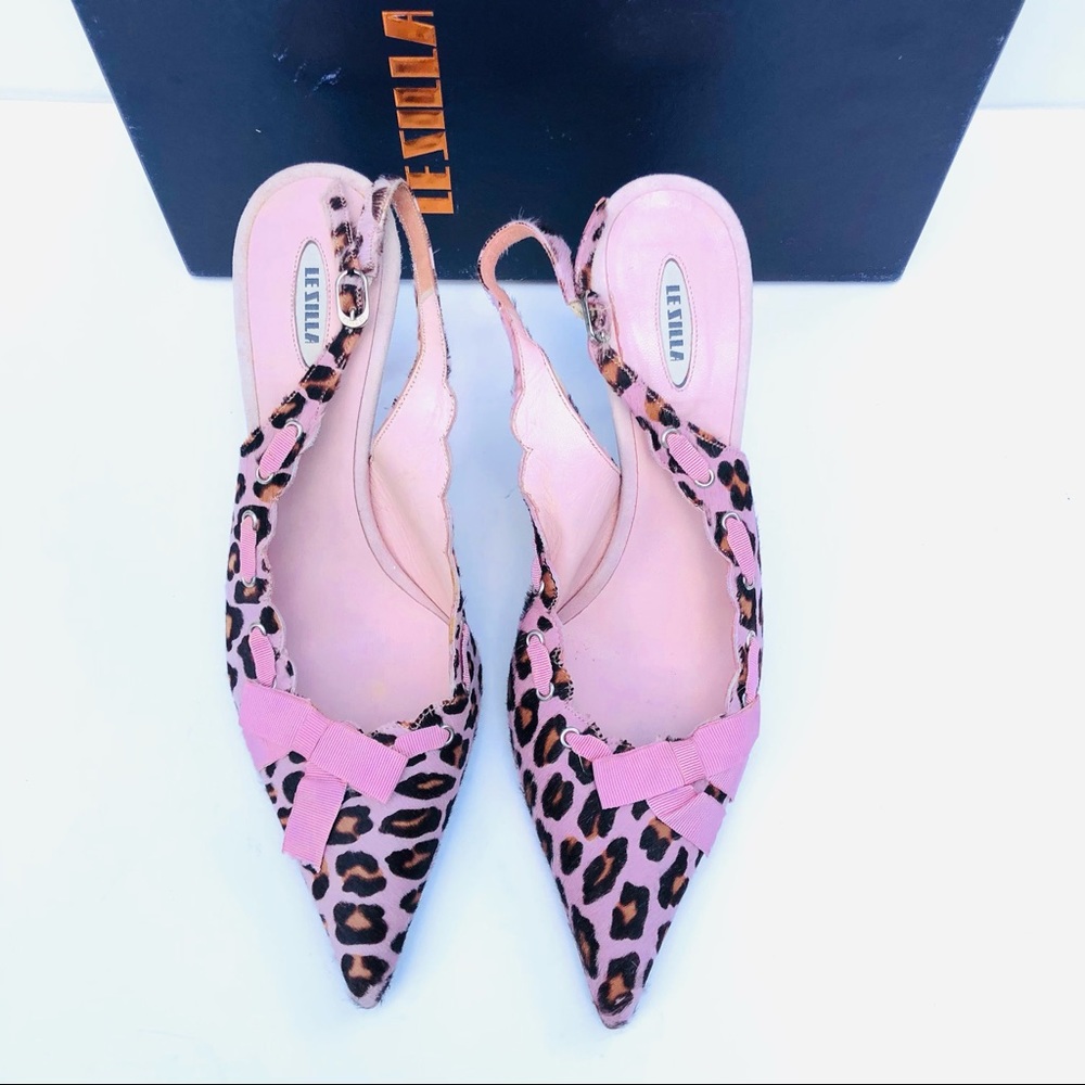 Le Silla pink faux fur leopard; similar to pony hair high heel sling back Sz 8.5 - Picture 8 of 16